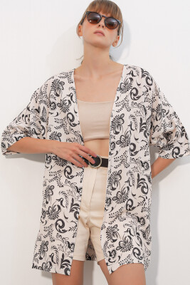 Kadın Desenli Oversize Kimono 5999 - Siyah - 3