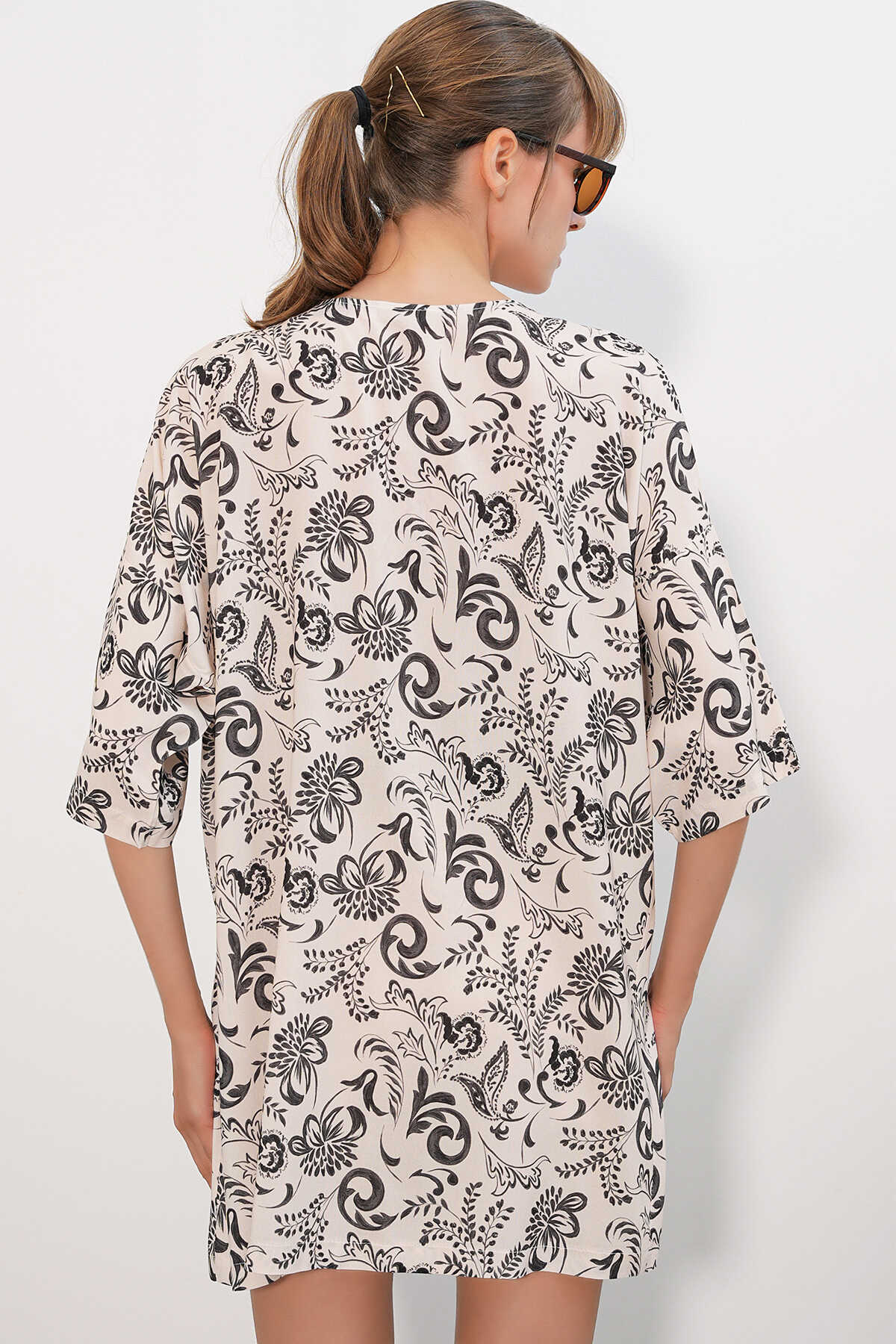 Kadın Desenli Oversize Kimono 5999 - Siyah - 6