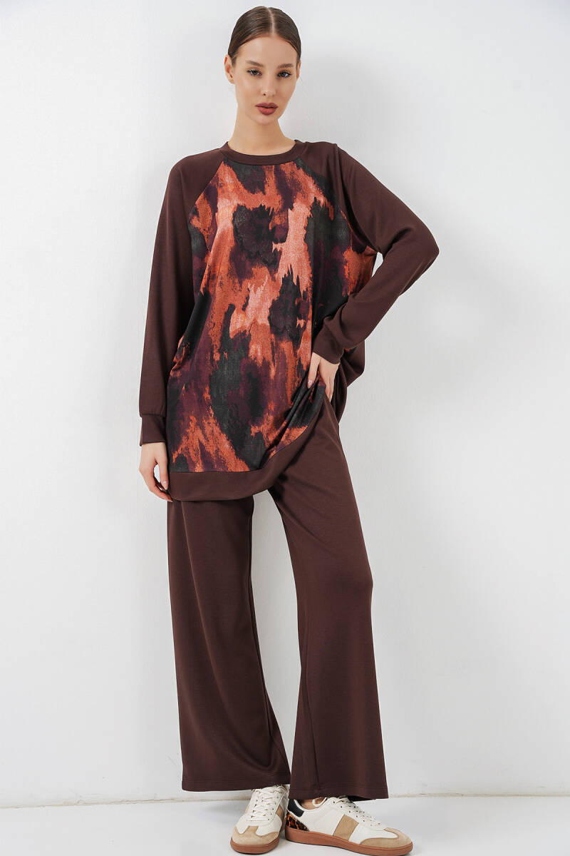 Kadın Desenli Oversize Tunik Pantolon İkili Takım 55462 - Kahverengi - BİGDART