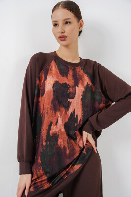 Kadın Desenli Oversize Tunik Pantolon İkili Takım 55462 - Kahverengi - 2