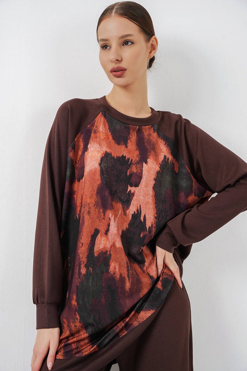 Kadın Desenli Oversize Tunik Pantolon İkili Takım 55462 - Kahverengi (1)