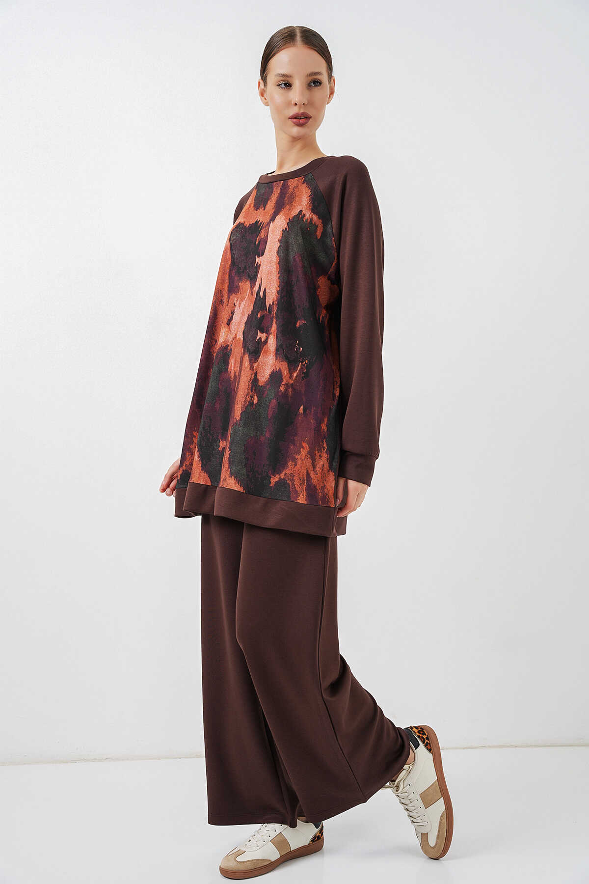 Kadın Desenli Oversize Tunik Pantolon İkili Takım 55462 - Kahverengi - 3