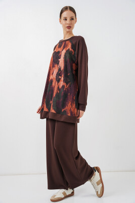 Kadın Desenli Oversize Tunik Pantolon İkili Takım 55462 - Kahverengi - 3
