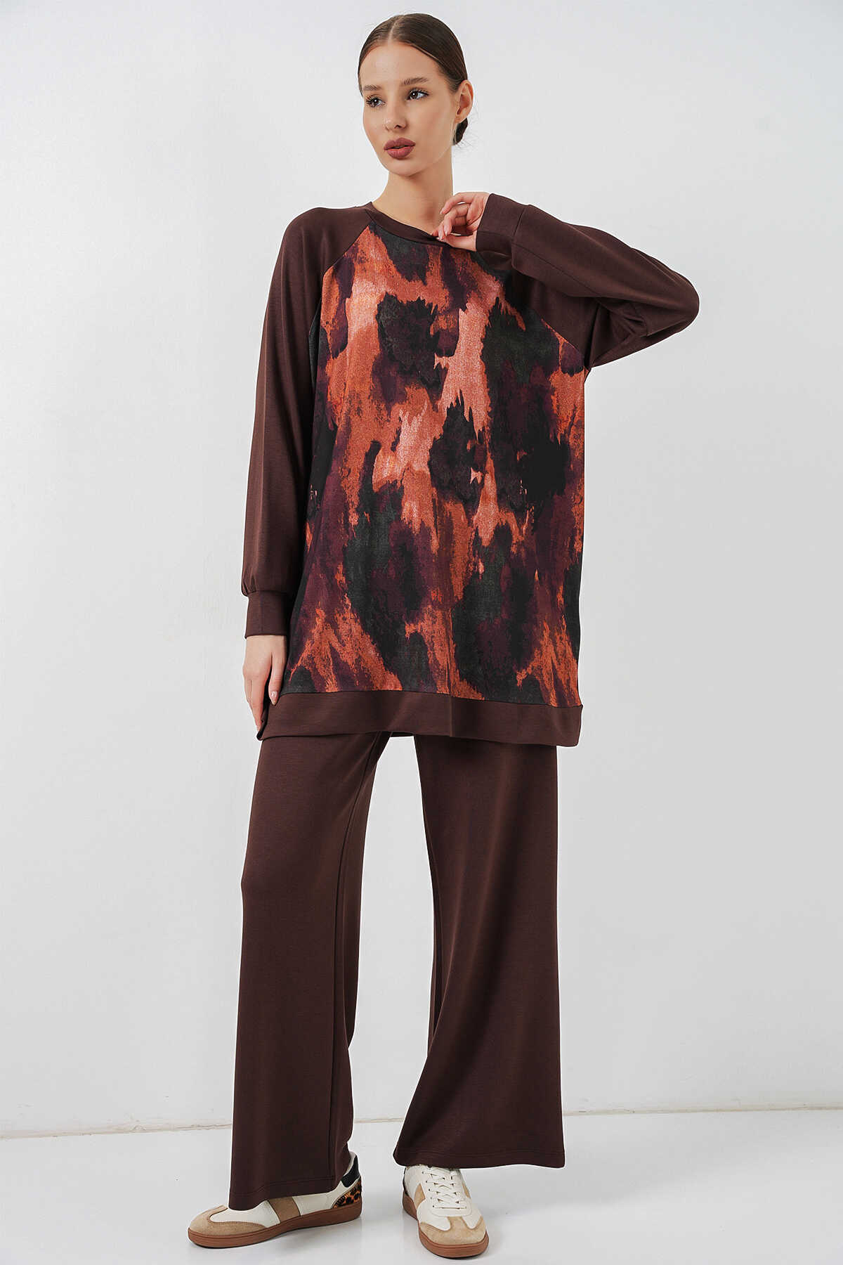 Kadın Desenli Oversize Tunik Pantolon İkili Takım 55462 - Kahverengi - 4