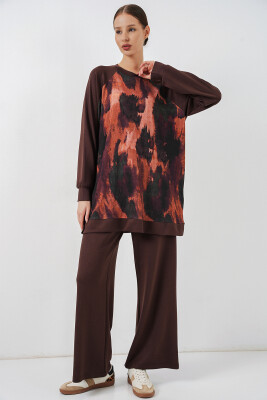 Kadın Desenli Oversize Tunik Pantolon İkili Takım 55462 - Kahverengi - 4