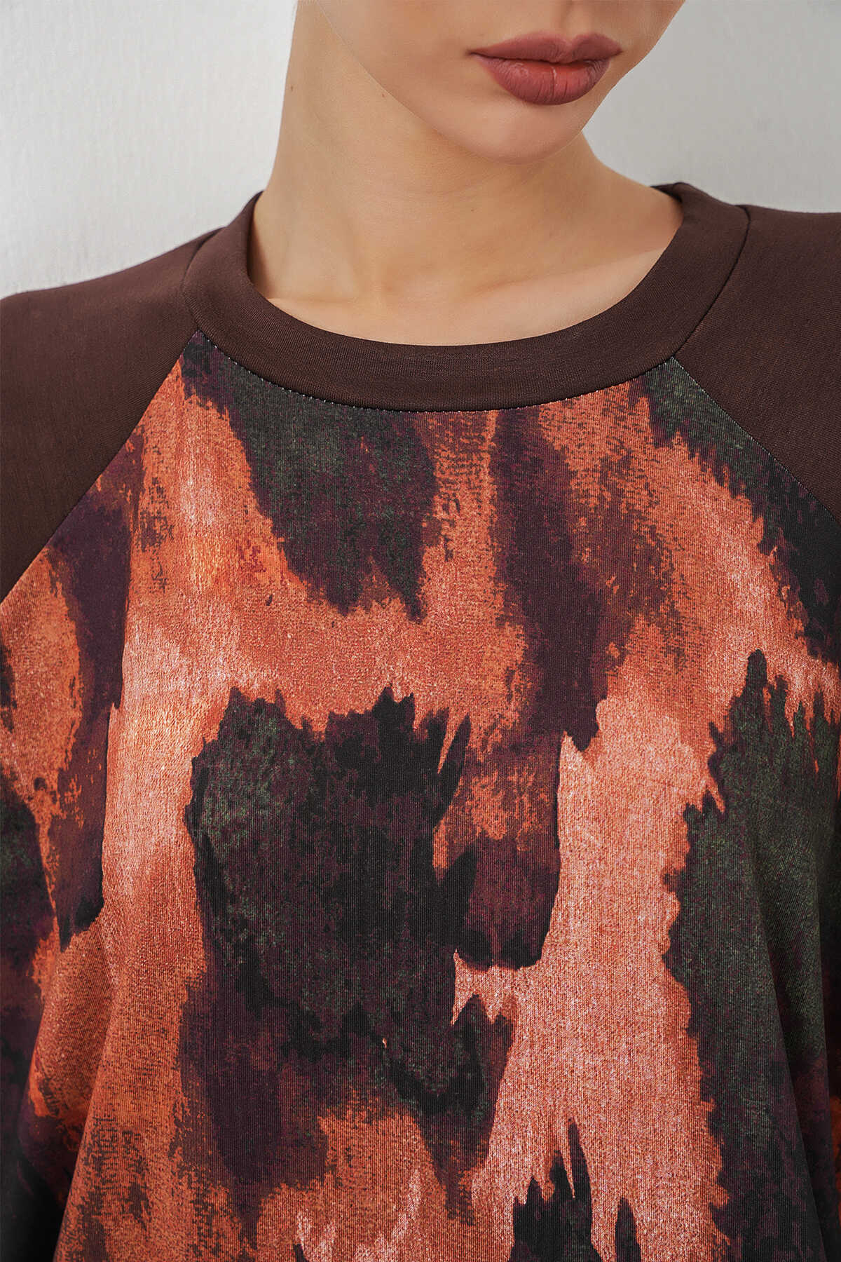 Kadın Desenli Oversize Tunik Pantolon İkili Takım 55462 - Kahverengi - 5