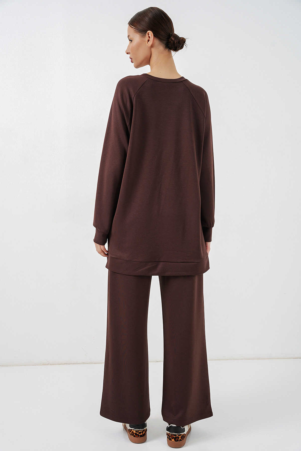 Kadın Desenli Oversize Tunik Pantolon İkili Takım 55462 - Kahverengi - 6