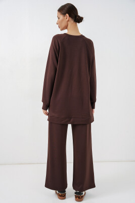 Kadın Desenli Oversize Tunik Pantolon İkili Takım 55462 - Kahverengi - 6