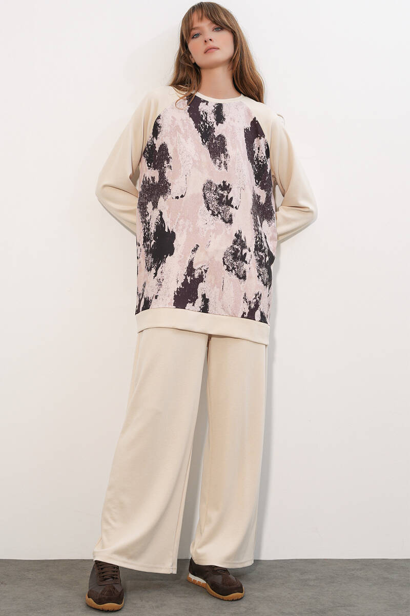 Kadın Desenli Oversize Tunik Pantolon İkili Takım 55462 - Krem - BİGDART