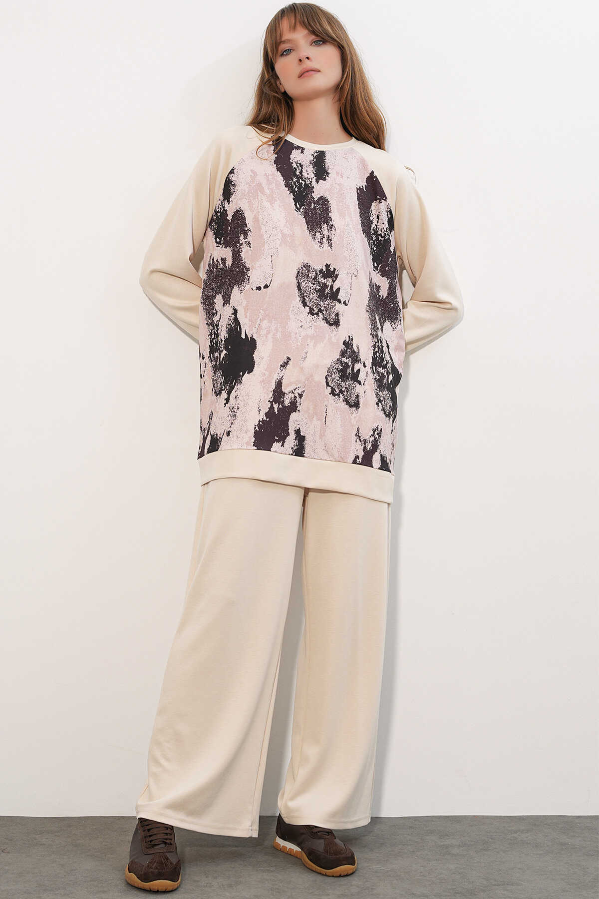 Kadın Desenli Oversize Tunik Pantolon İkili Takım 55462 - Krem - 1