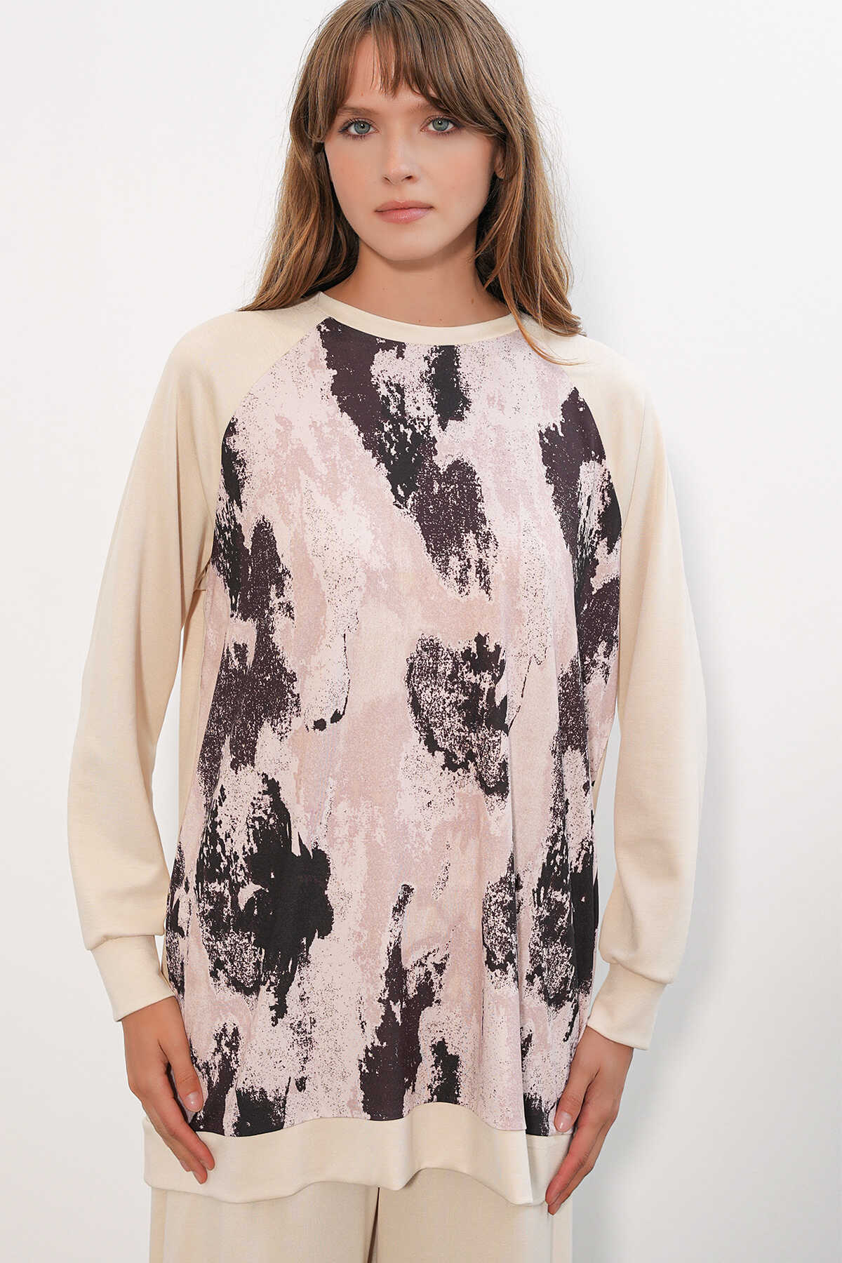 Kadın Desenli Oversize Tunik Pantolon İkili Takım 55462 - Krem - 2