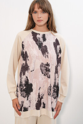 Kadın Desenli Oversize Tunik Pantolon İkili Takım 55462 - Krem - 2