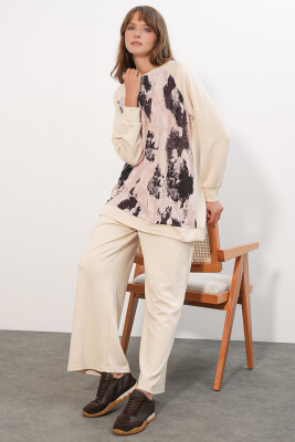 Kadın Desenli Oversize Tunik Pantolon İkili Takım 55462 - Krem - 3