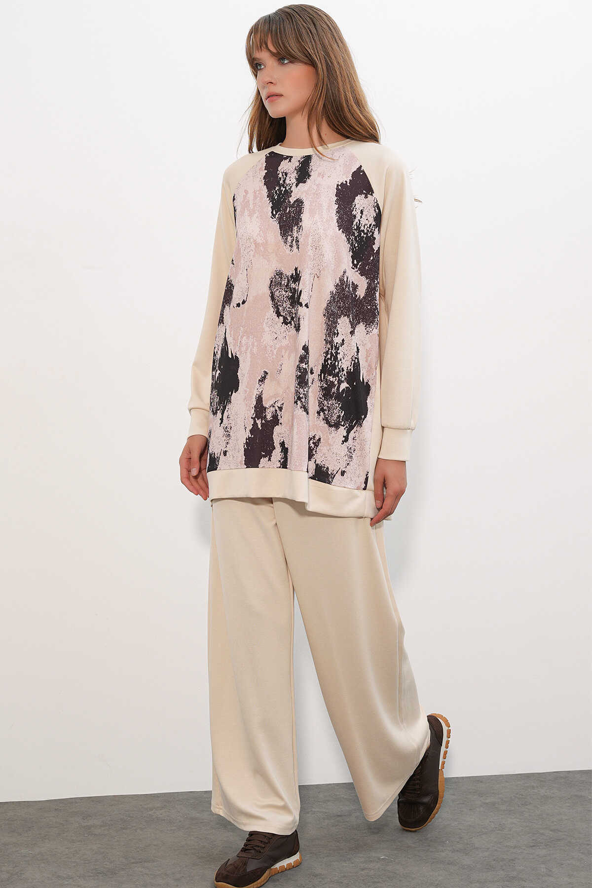 Kadın Desenli Oversize Tunik Pantolon İkili Takım 55462 - Krem - 4