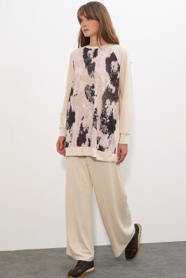 Kadın Desenli Oversize Tunik Pantolon İkili Takım 55462 - Krem - 4