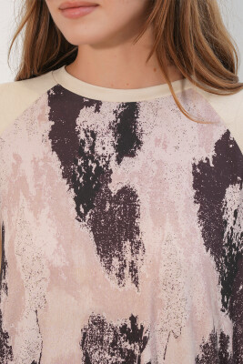 Kadın Desenli Oversize Tunik Pantolon İkili Takım 55462 - Krem - 5