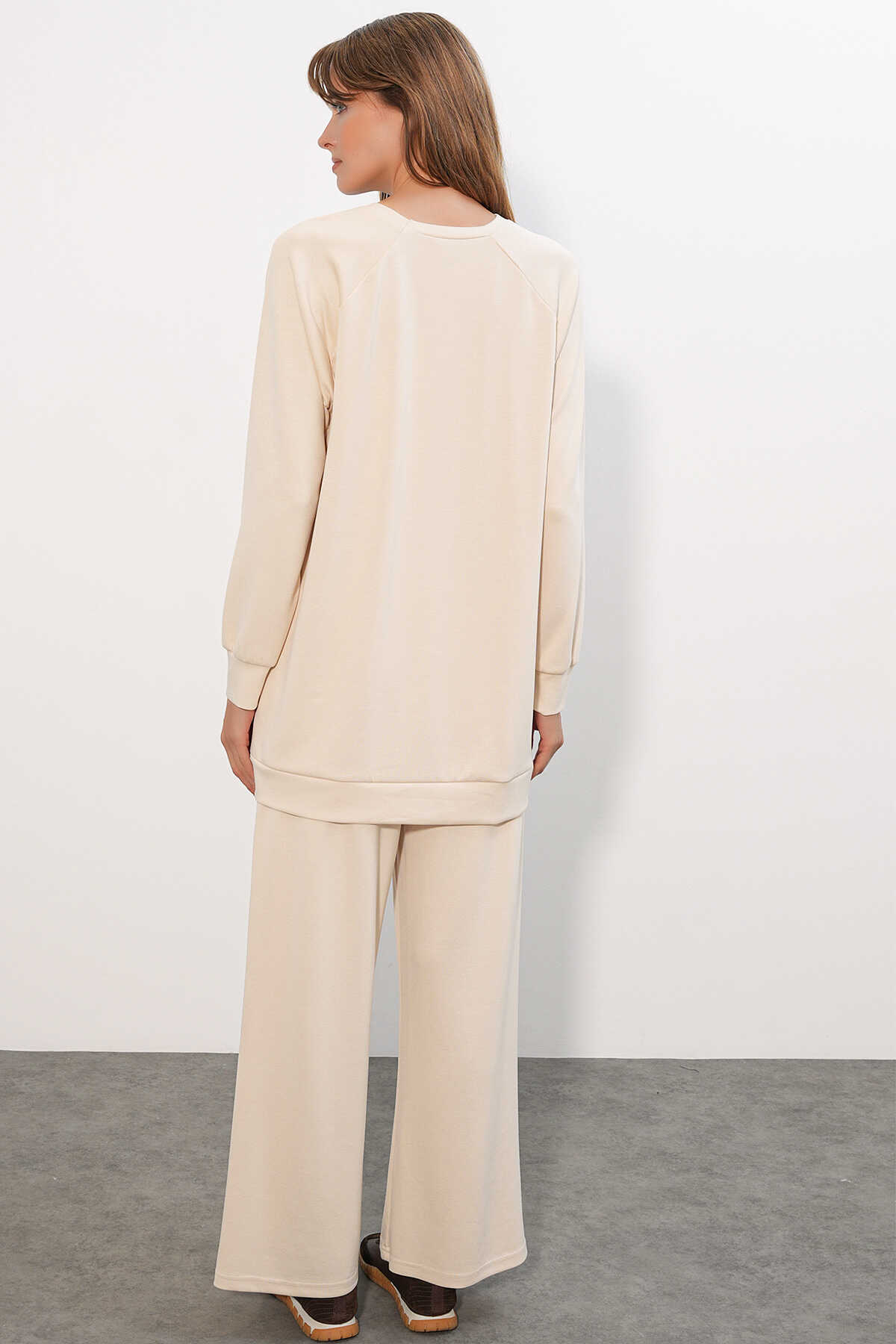 Kadın Desenli Oversize Tunik Pantolon İkili Takım 55462 - Krem - 6