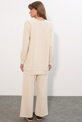 Kadın Desenli Oversize Tunik Pantolon İkili Takım 55462 - Krem - 6