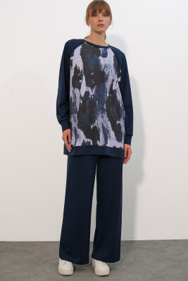 Kadın Desenli Oversize Tunik Pantolon İkili Takım 55462 - Lacivert - BİGDART