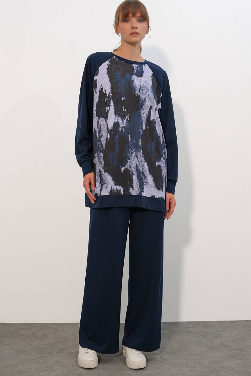 Kadın Desenli Oversize Tunik Pantolon İkili Takım 55462 - Lacivert - BİGDART