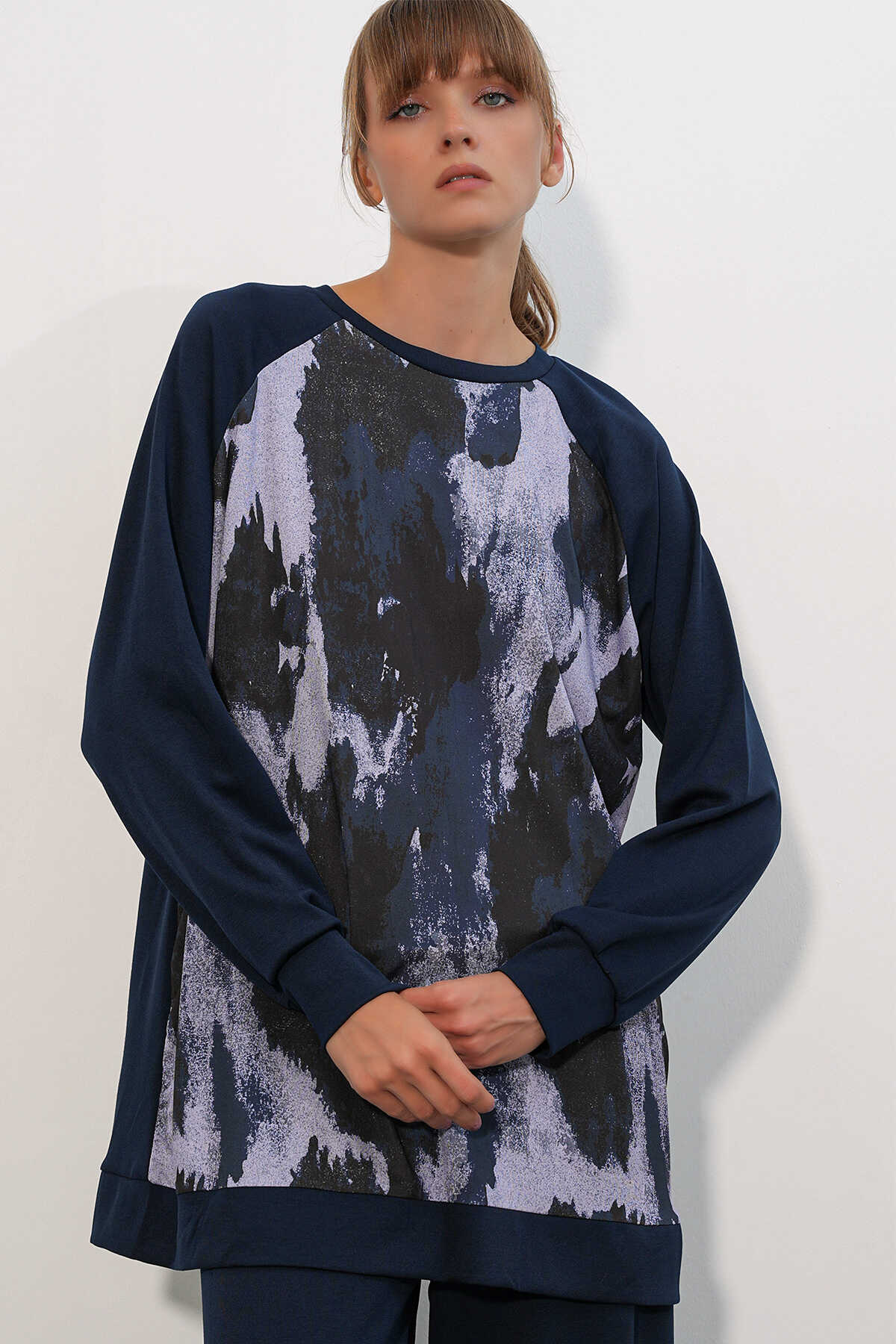 Kadın Desenli Oversize Tunik Pantolon İkili Takım 55462 - Lacivert - 2