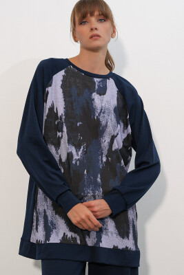 Kadın Desenli Oversize Tunik Pantolon İkili Takım 55462 - Lacivert - 2
