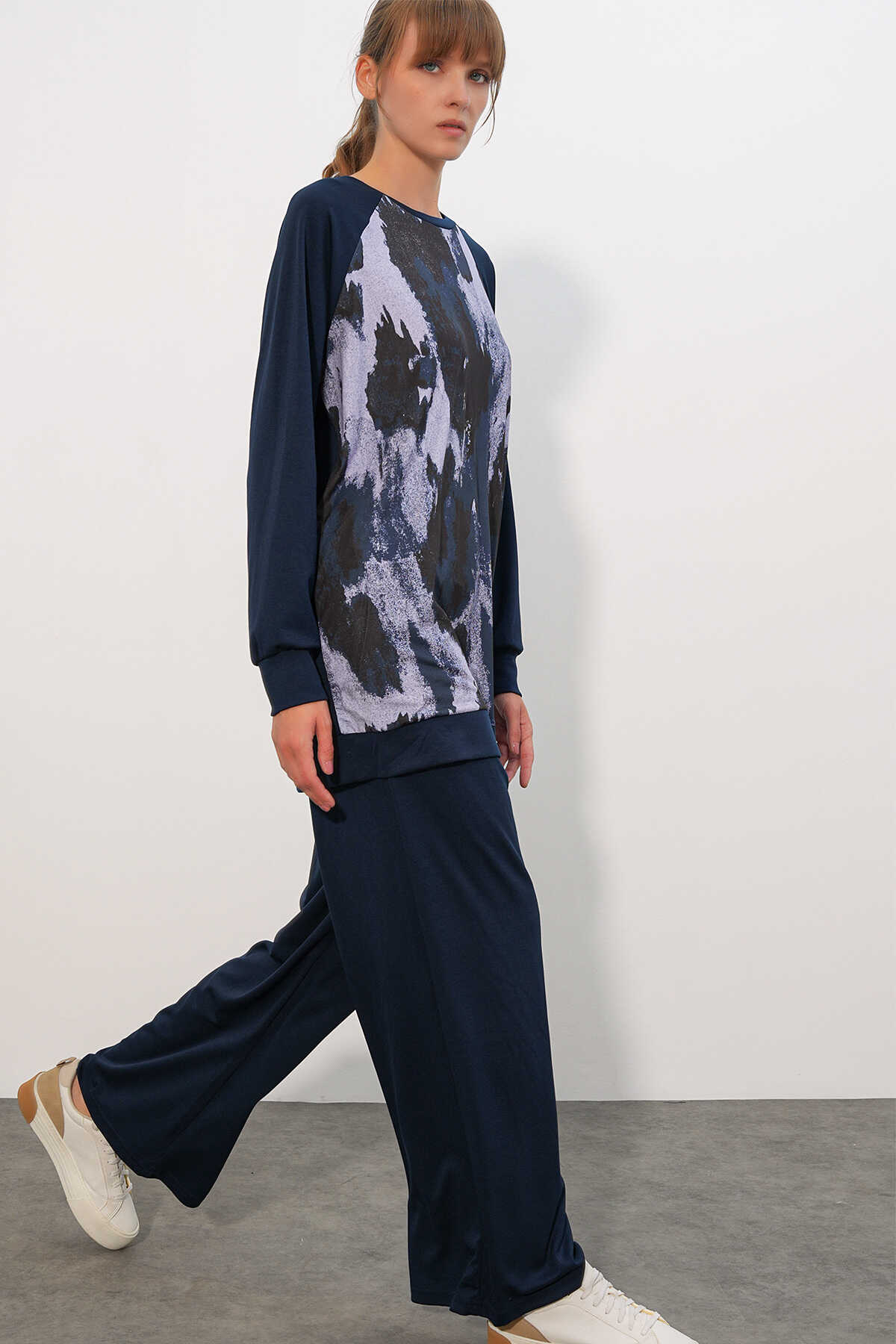 Kadın Desenli Oversize Tunik Pantolon İkili Takım 55462 - Lacivert - 3