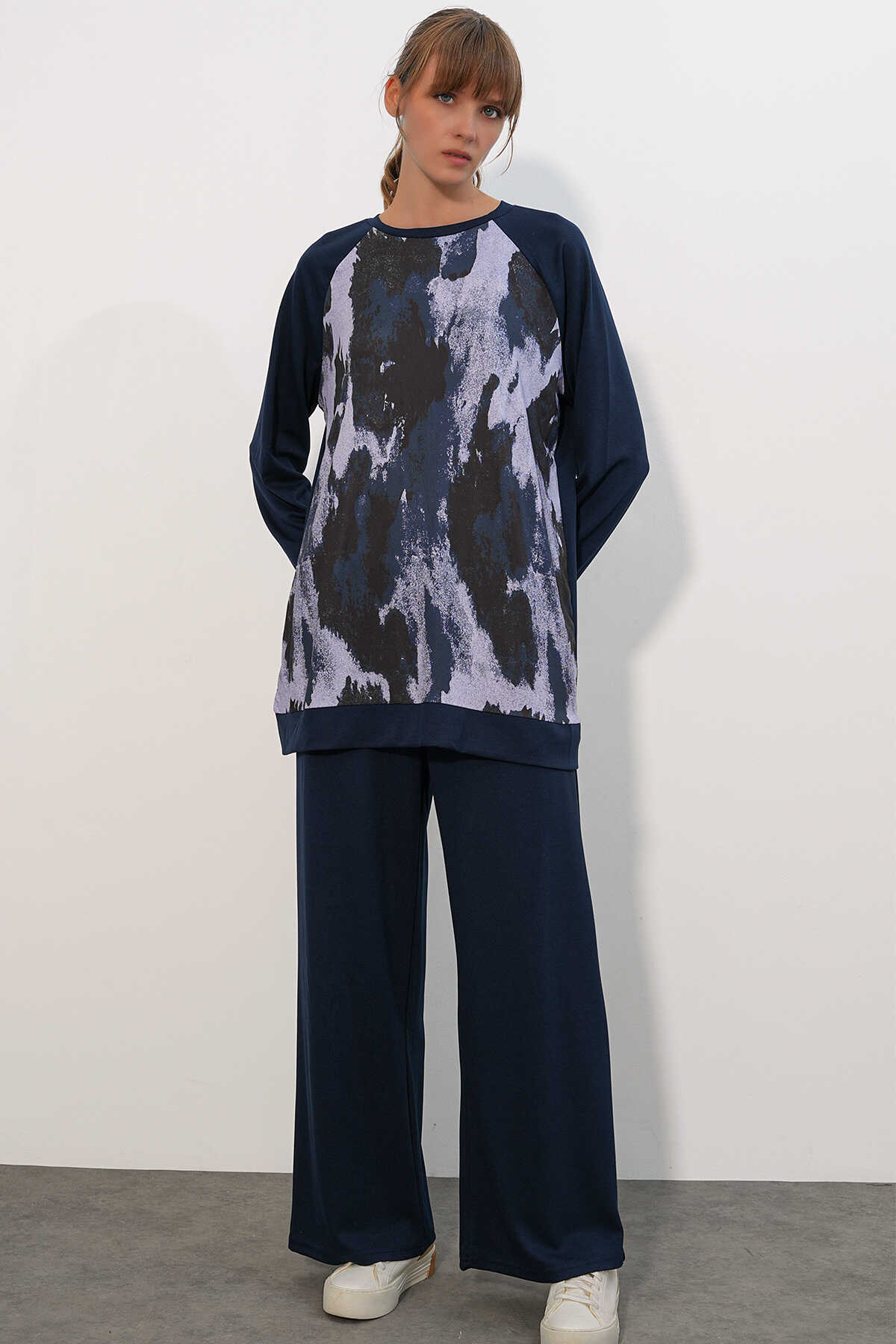 Kadın Desenli Oversize Tunik Pantolon İkili Takım 55462 - Lacivert - 4