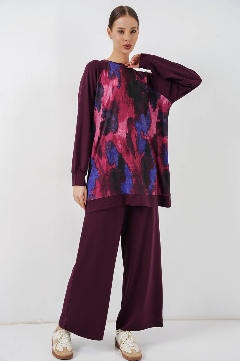 Kadın Desenli Oversize Tunik Pantolon İkili Takım 55462 - Mor - BİGDART