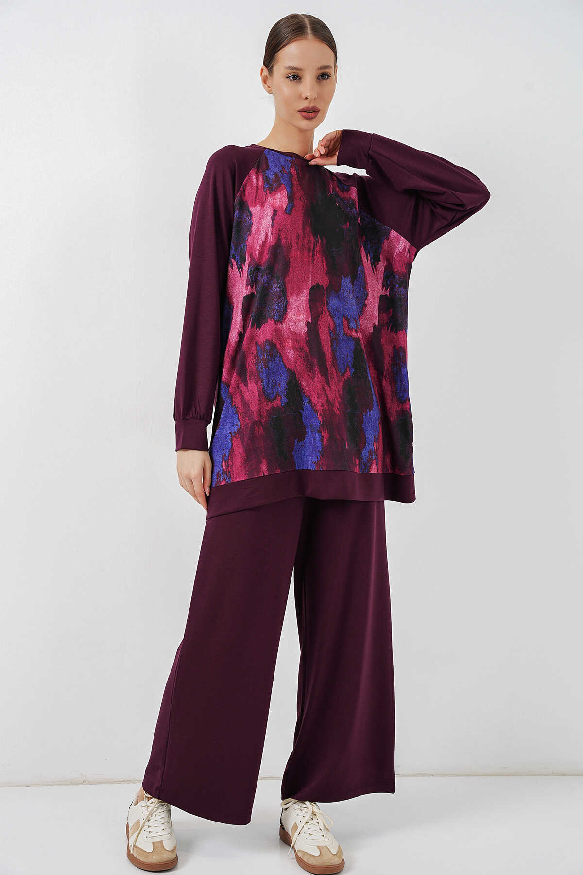 Kadın Desenli Oversize Tunik Pantolon İkili Takım 55462 - Mor - 1