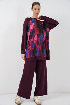 Kadın Desenli Oversize Tunik Pantolon İkili Takım 55462 - Mor - 1