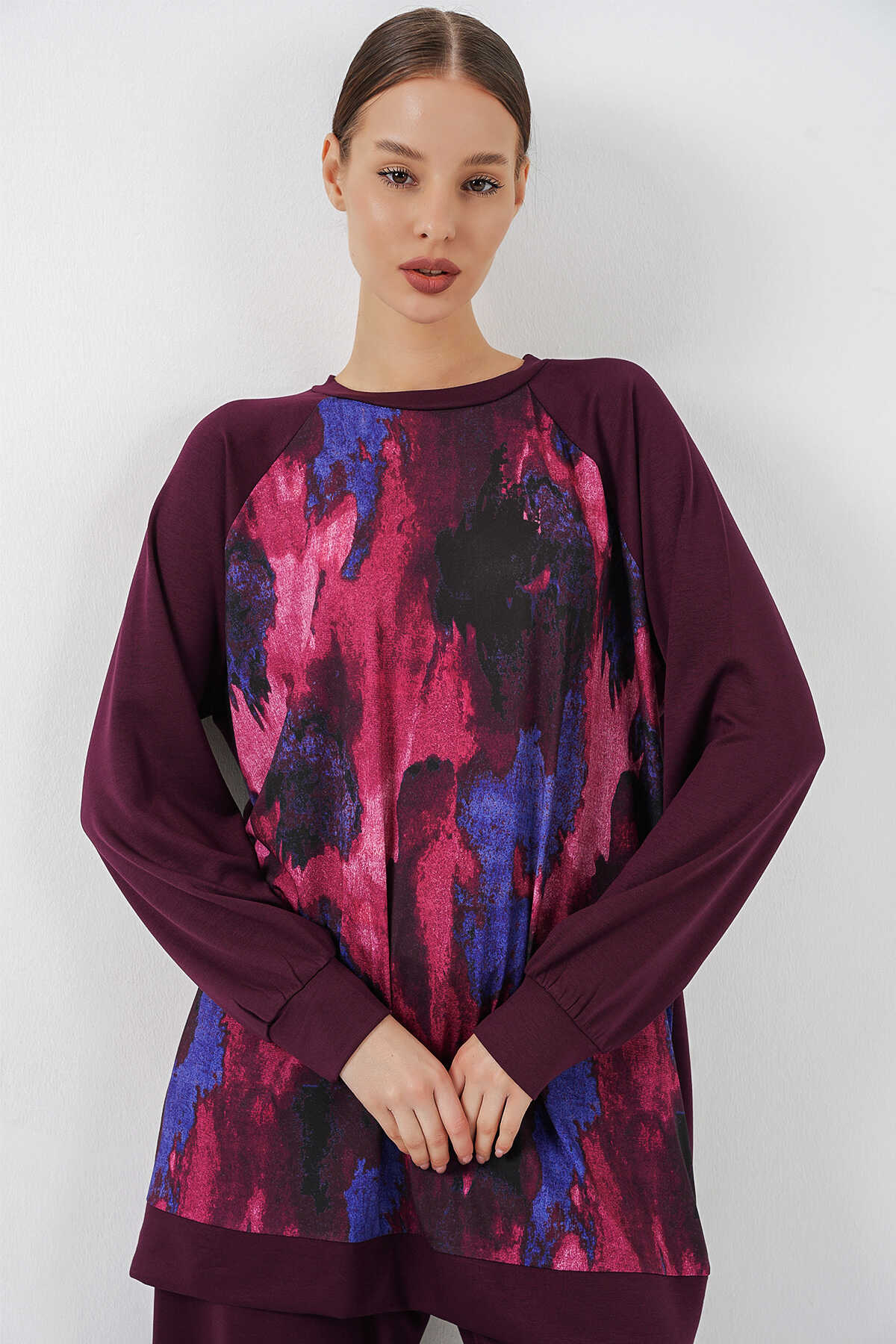 Kadın Desenli Oversize Tunik Pantolon İkili Takım 55462 - Mor - 2
