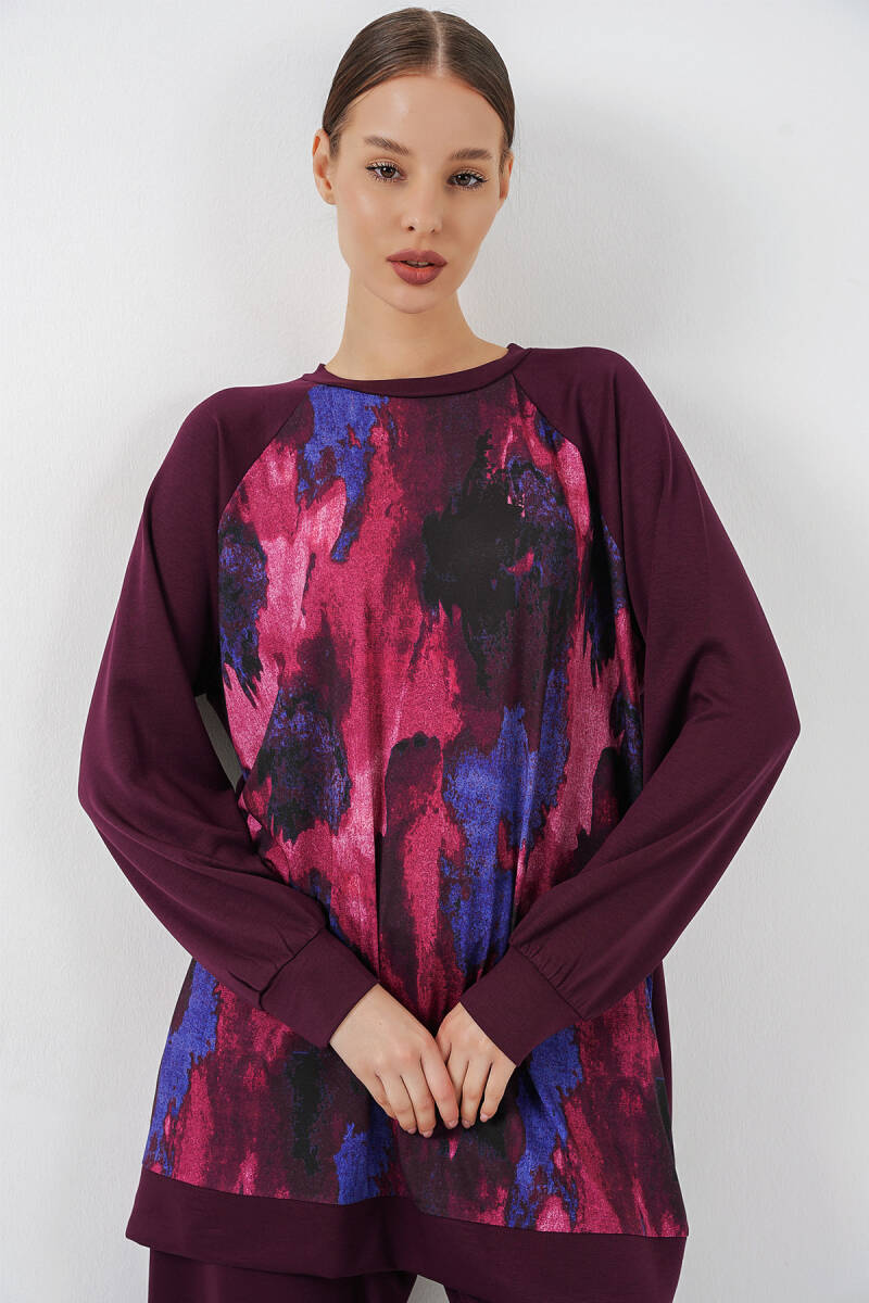 Kadın Desenli Oversize Tunik Pantolon İkili Takım 55462 - Mor (1)