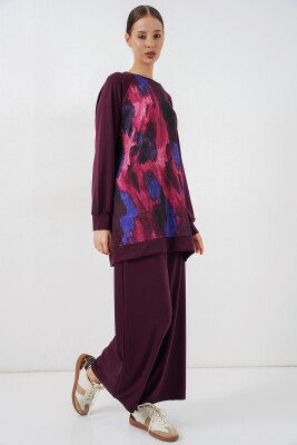 Kadın Desenli Oversize Tunik Pantolon İkili Takım 55462 - Mor - 3