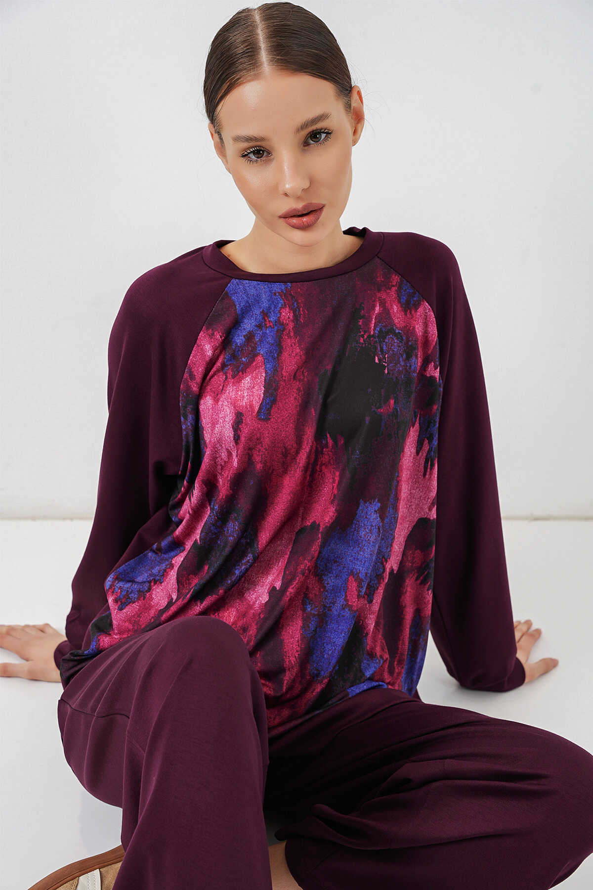 Kadın Desenli Oversize Tunik Pantolon İkili Takım 55462 - Mor - 4