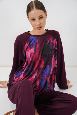 Kadın Desenli Oversize Tunik Pantolon İkili Takım 55462 - Mor - 4