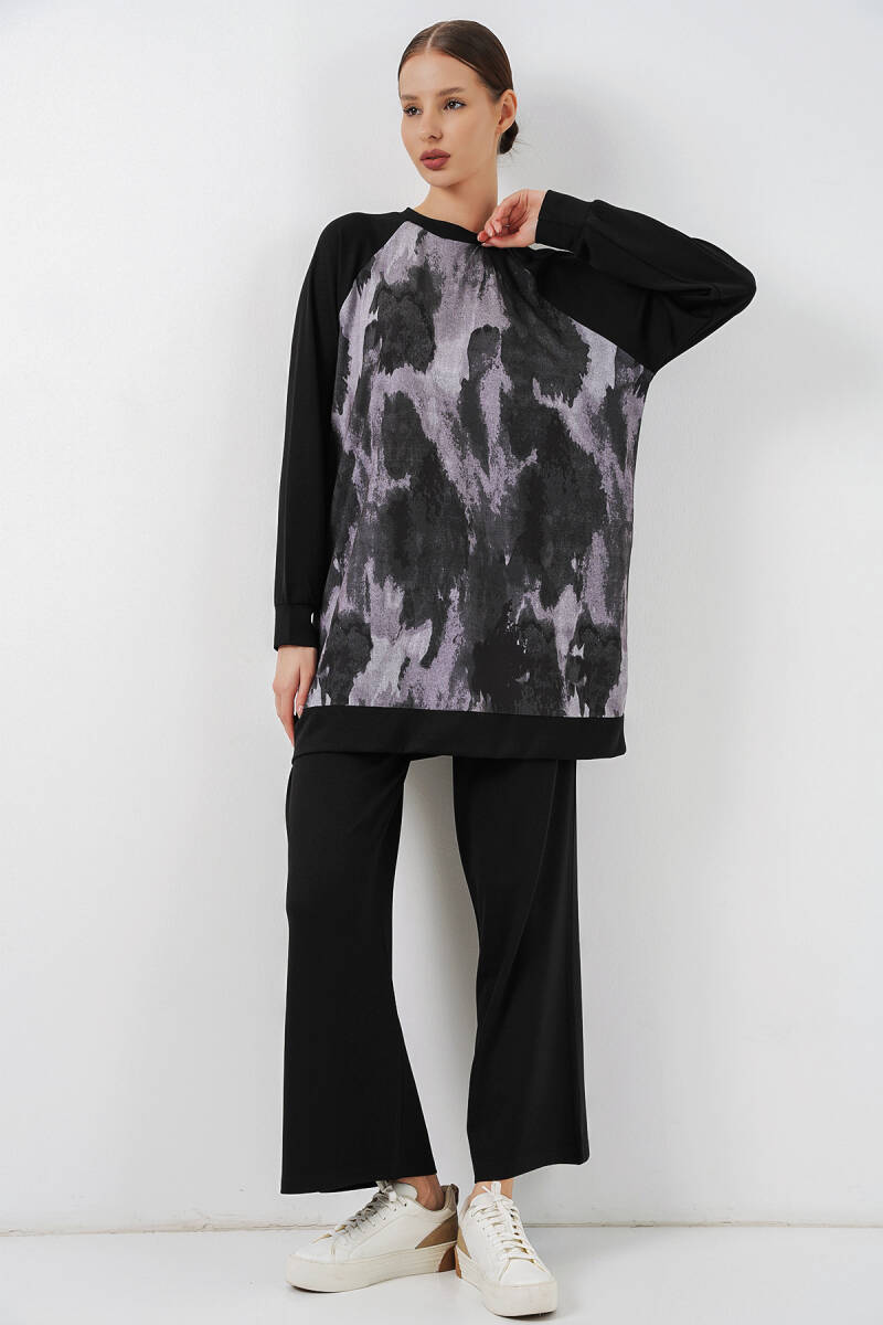 Kadın Desenli Oversize Tunik Pantolon İkili Takım 55462 - Siyah - BİGDART