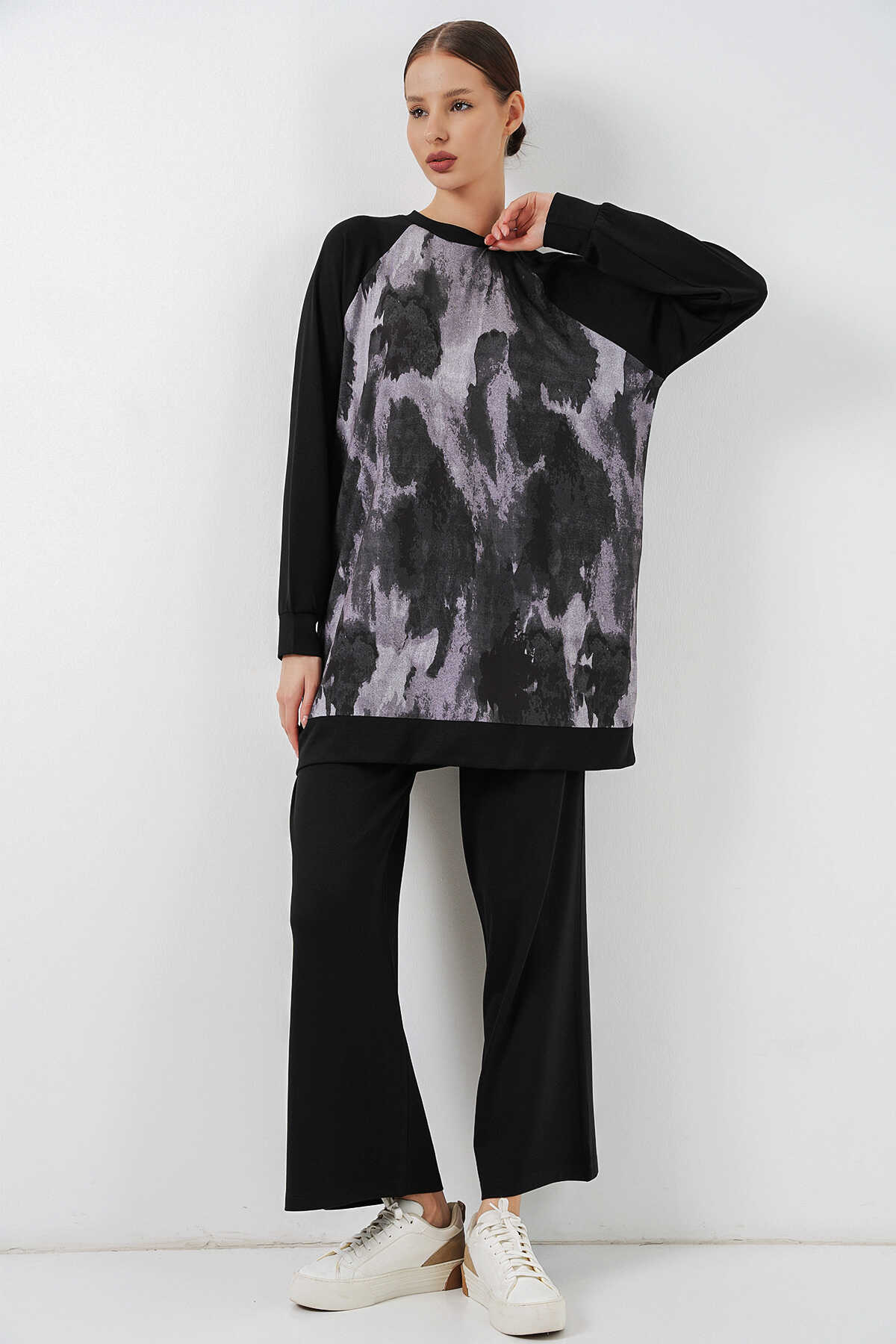 Kadın Desenli Oversize Tunik Pantolon İkili Takım 55462 - Siyah - 1