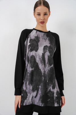 Kadın Desenli Oversize Tunik Pantolon İkili Takım 55462 - Siyah - 2
