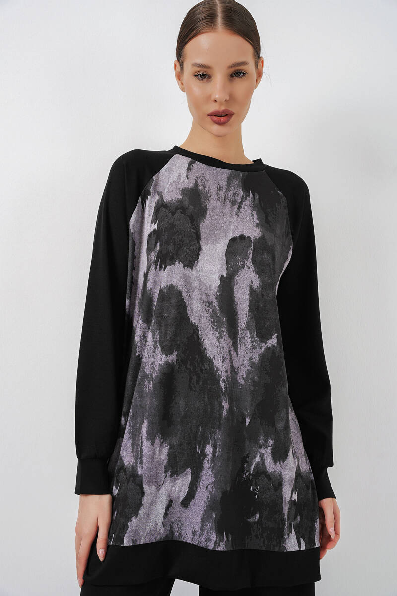 Kadın Desenli Oversize Tunik Pantolon İkili Takım 55462 - Siyah (1)