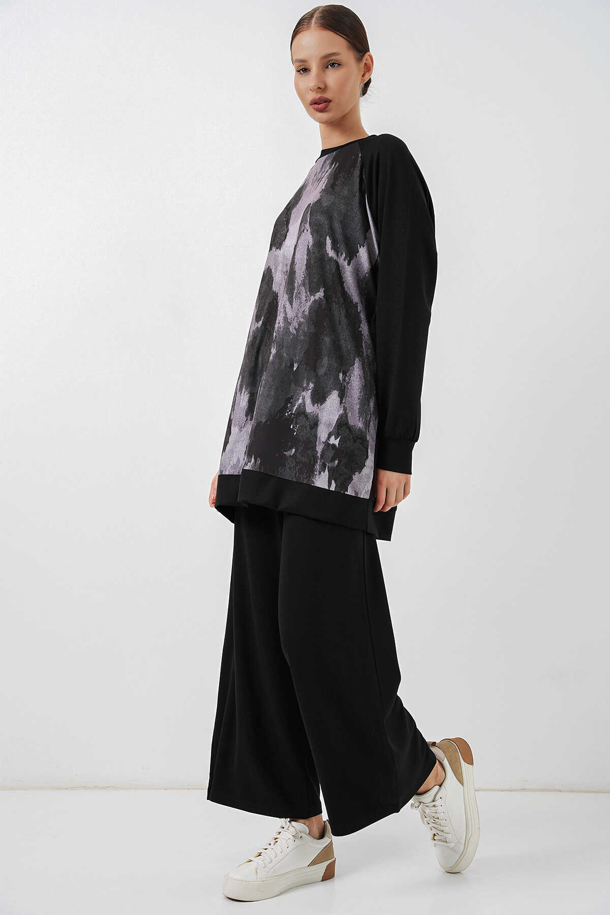 Kadın Desenli Oversize Tunik Pantolon İkili Takım 55462 - Siyah - 3