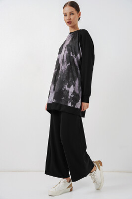 Kadın Desenli Oversize Tunik Pantolon İkili Takım 55462 - Siyah - 3