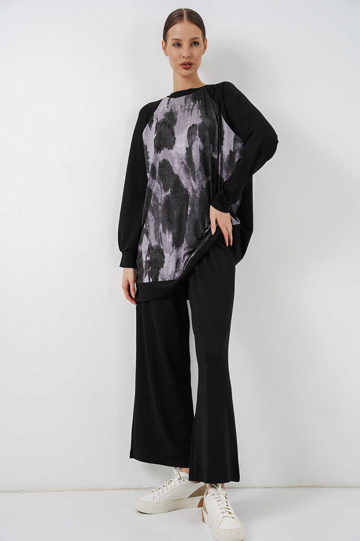 Kadın Desenli Oversize Tunik Pantolon İkili Takım 55462 - Siyah - 4