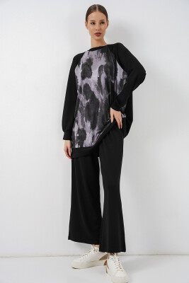Kadın Desenli Oversize Tunik Pantolon İkili Takım 55462 - Siyah - 4