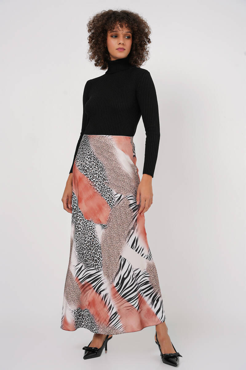 Kadın Desenli Saten Etek 15877 - Turuncu - BİGDART