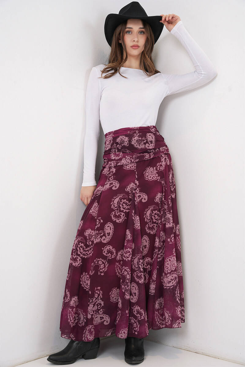 Kadın Desenli Şifon Etek 8057 - Bordo - BİGDART
