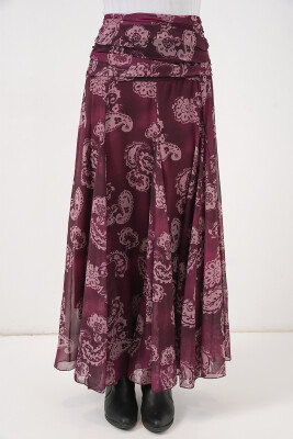 Kadın Desenli Şifon Etek 8057 - Bordo - 3
