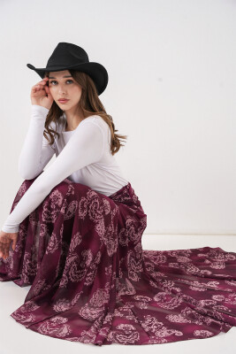 Kadın Desenli Şifon Etek 8057 - Bordo - 4