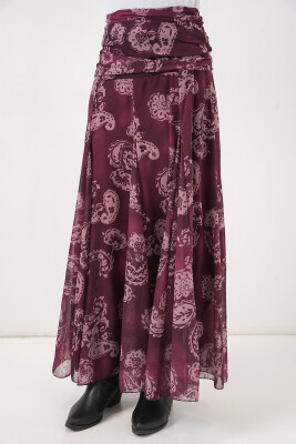 Kadın Desenli Şifon Etek 8057 - Bordo - 6