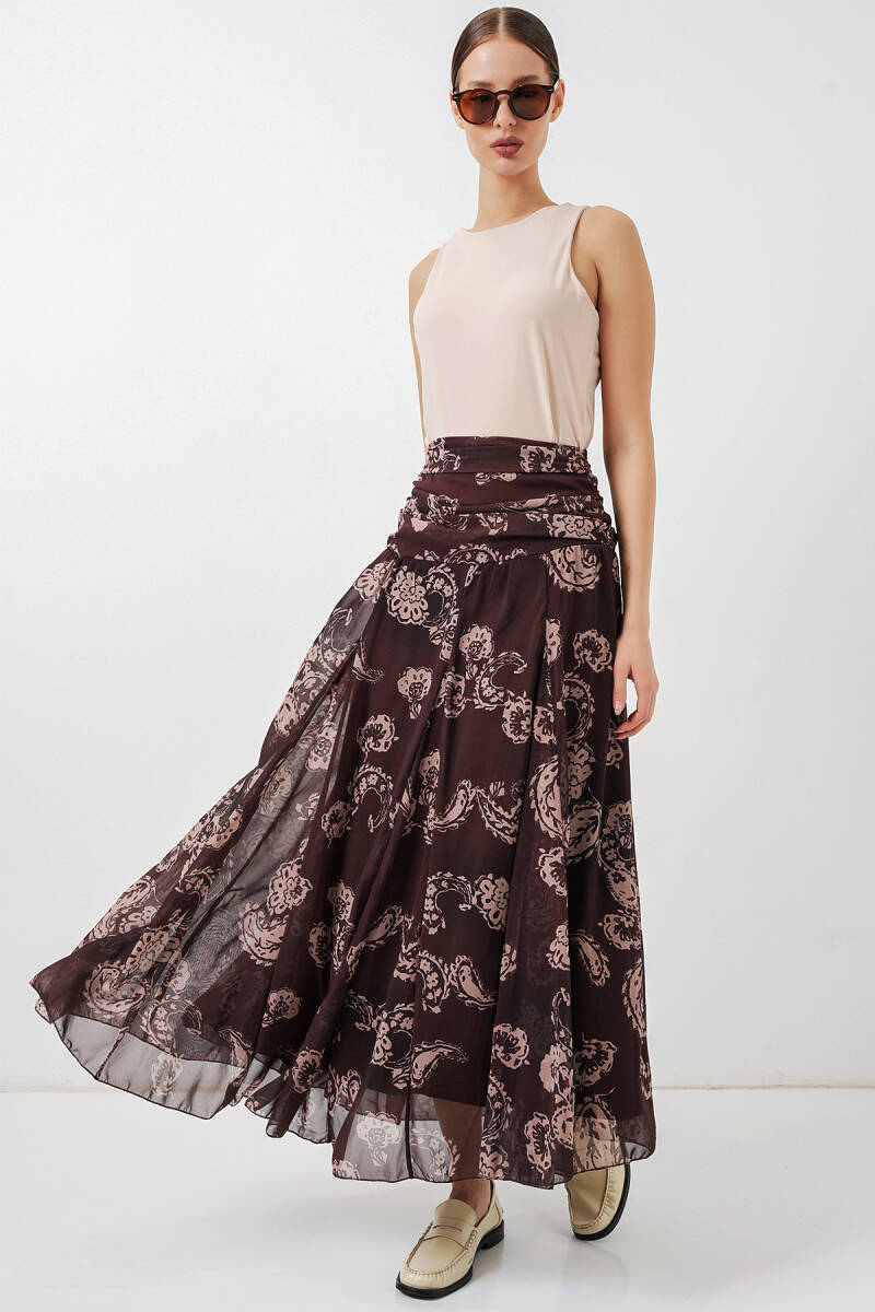 Kadın Desenli Şifon Etek 8057 - Kahverengi - BİGDART